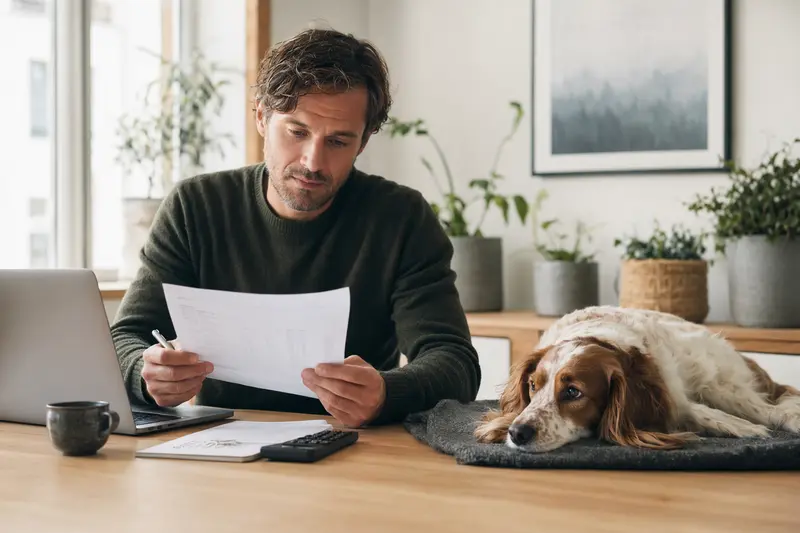 Ein Hundehalter sitzt mit einer Tierarztrechnung am Tisch, während ein Epagneul de Pont Audemer ruhig auf einer Decke liegt und die Situation im Zusammenhang mit Hundekrankenversicherung sachlich wirkt.