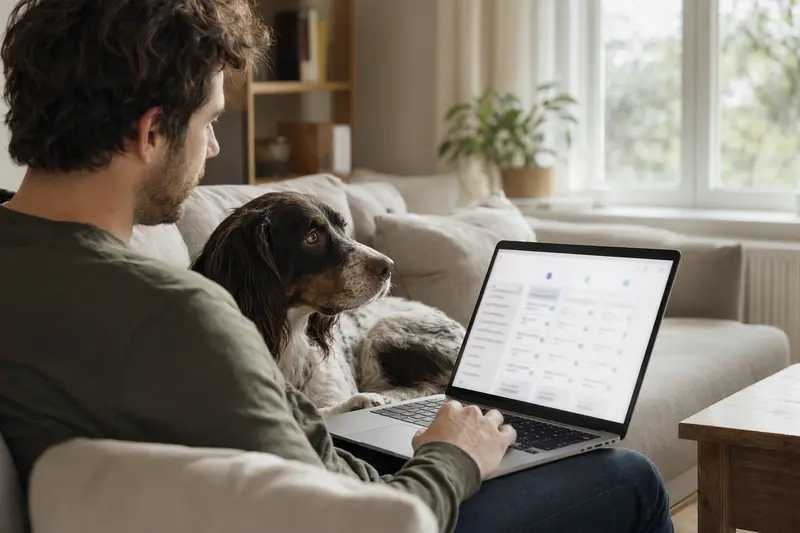 Besitzer mit Laptop auf dem Sofa und einem Epagneul de Pont Audemer Hund, Fokus auf die ruhige Entscheidung für eine Tierversicherung.