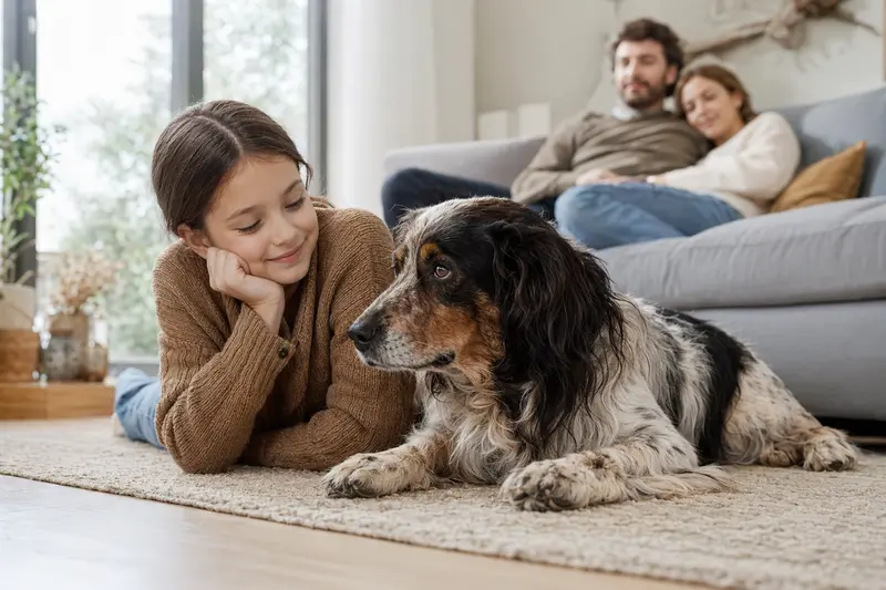 Ein freundlicher Epagneul de Saint-Usuge Hund liegt entspannt neben einem Kind in einem hellen Wohnzimmer.