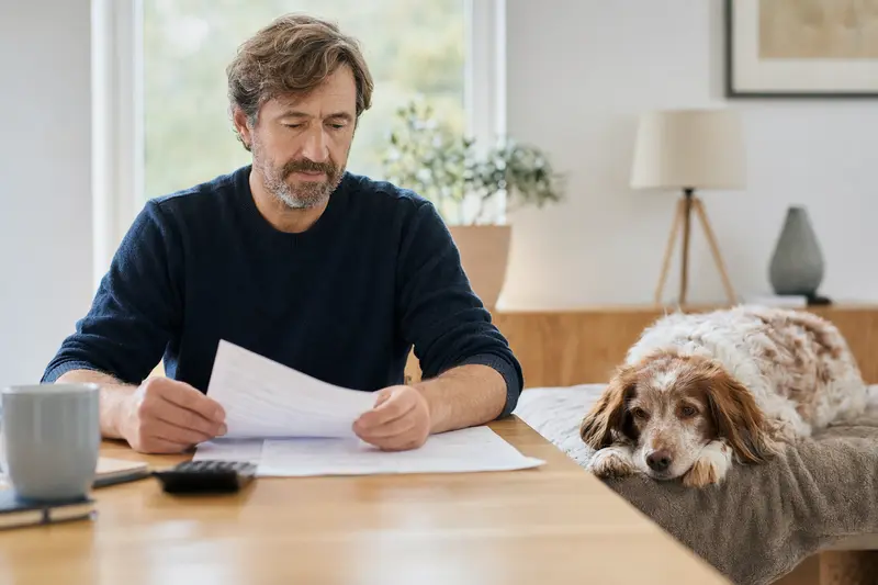 Ein Hundebesitzer sitzt mit einer Tierarztrechnung am Tisch, während ein entspannter Epagneul de Saint-Usuge auf einer Decke daneben liegt.