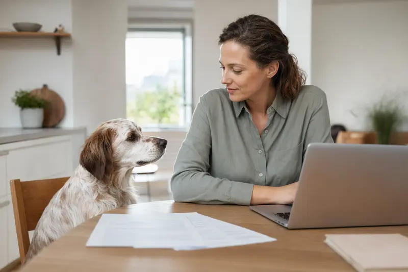 Ein ruhiger Epagneul de Saint-Usuge Hund sitzt neben seinem Besitzer am Küchentisch, wo Versicherungsunterlagen und ein Laptop liegen.