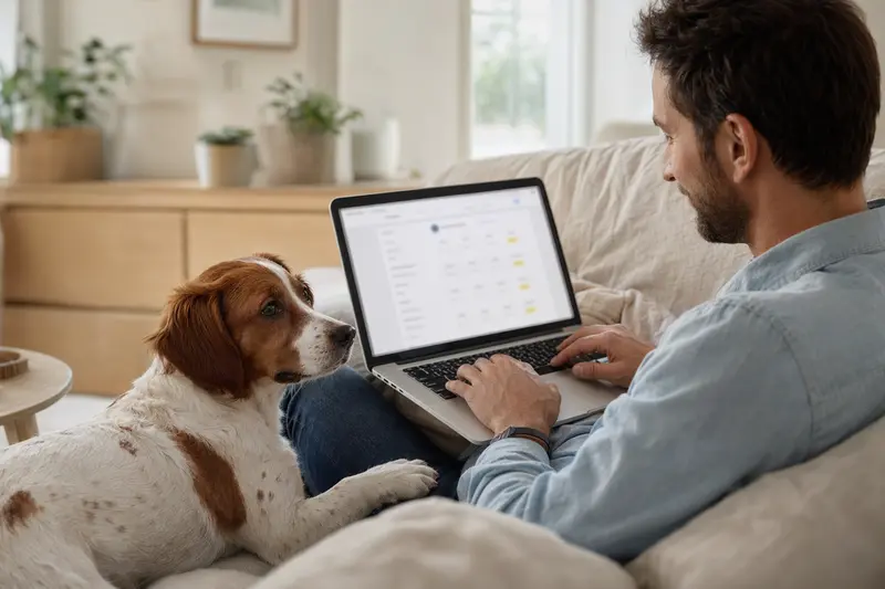Ein Besitzer arbeitet am Laptop auf dem Sofa, während sein Epagneul de Saint-Usuge neben ihm sitzt, und der Bildschirm zeigt eine Versicherungsvergleichs-Oberfläche.