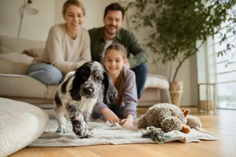 Ein neugieriger Epagneul de Saint-Usuge Welpe erkundet sein neues Zuhause auf einer weichen Decke mit Spielzeug und einer liebevollen Familie im Hintergrund.