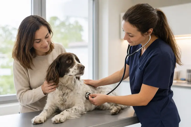 Ein ruhiger Epagneul francais Hund wird sanft von einer Tierärztin mit einem Stethoskop untersucht, während der Besitzer beruhigend daneben steht.