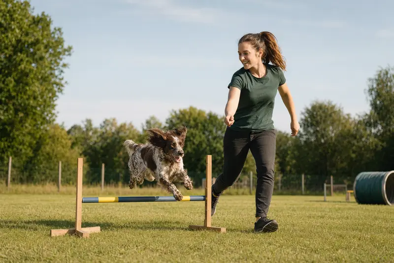 Ein aktiver Epagneul francais springt mit seinem Besitzer über eine kleine Trainingshürde auf dem Hundeplatz.