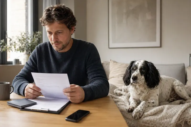 Ein Hundehalter sitzt mit einer Tierarztrechnung am Tisch, während ein Epagneul Francais entspannt auf einer Decke liegt.