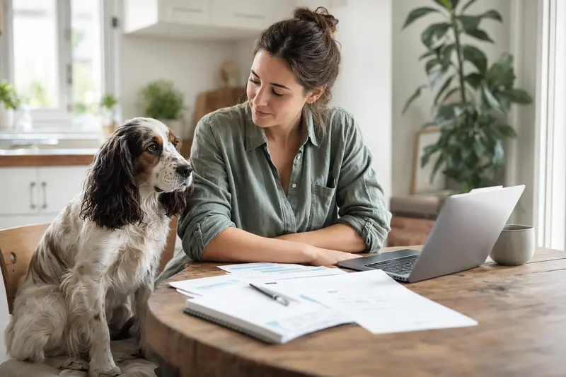Ein Epagneul francais Hund sitzt entspannt neben seinem Besitzer am Küchentisch, auf dem Versicherungsunterlagen und ein Laptop liegen.