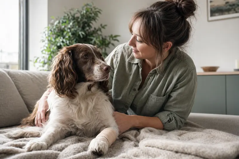 Ein Epagneul francais Hund mit leichtem Verband an der Pfote liegt entspannt auf einer Decke, während sein Besitzer lächelnd daneben sitzt.