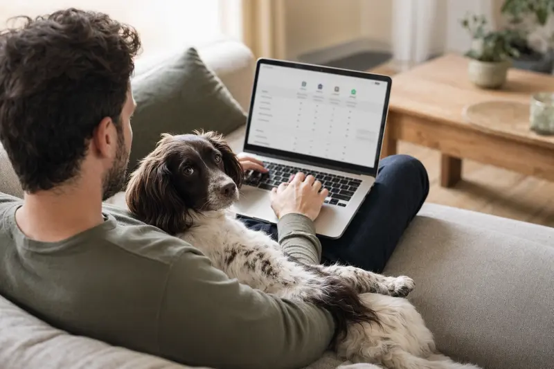 Ein Hundebesitzer arbeitet am Laptop, während ein Epagneul francais entspannt neben ihm sitzt und Versicherungsoptionen erkundet.