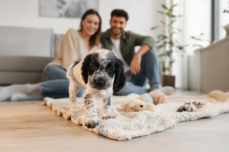 Ein junger Epagneul francais Welpe erkundet neugierig seine neue Umgebung, umgeben von einer liebevollen Familie in einer hellen Wohnung.