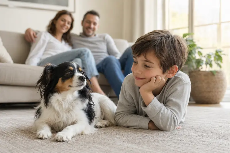Ein freundlicher Epagneul nain continental liegt entspannt neben einem Kind im hellen Wohnzimmer, während die Eltern im Hintergrund eine sichere Familienatmosphäre schaffen.