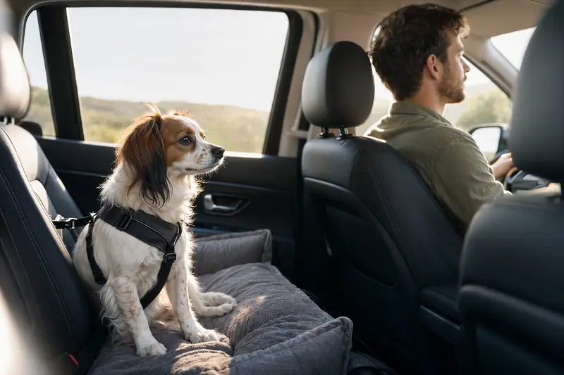 Ein sicher angeschnallter Epagneul nain continental Hund sitzt entspannt auf der Rückbank eines Autos, während das Sonnenlicht durch das Fenster scheint.