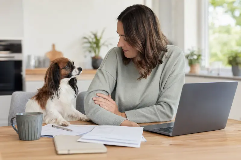 Ein Epagneul nain continental Hund sitzt gelassen neben seinem Besitzer am Küchentisch, während Versicherungsunterlagen und ein Laptop auf dem Tisch liegen.