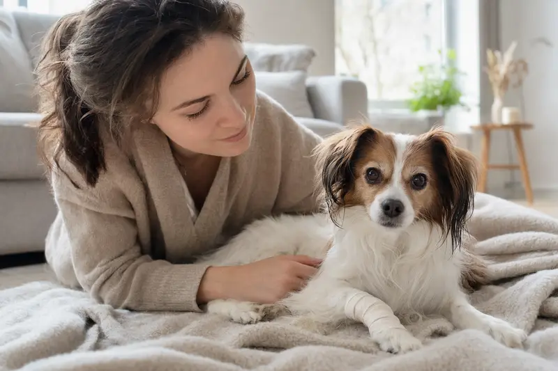 Ein Epagneul nain continental Hund mit Verband an der Pfote liegt entspannt auf einer Decke, während sein Besitzer neben ihm sitzt und erleichtert wirkt.