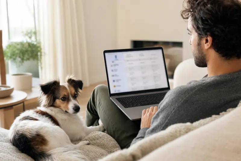 Ein Hundebesitzer sitzt mit einem Laptop auf dem Sofa, neben ihm ein Epagneul nain continental, während er Versicherungsoptionen vergleicht.