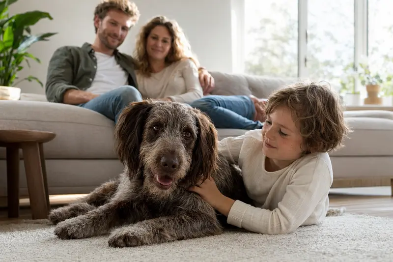 Ein freundlicher Epagneul Picard Hund liegt entspannt neben einem Kind in einer hellen und sicheren Familienatmosphäre.