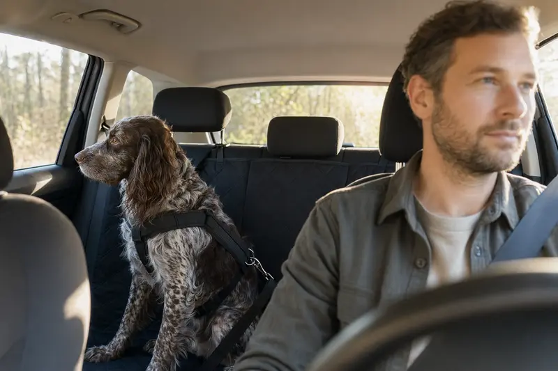 Ein Epagneul Picard Hund sitzt sicher angeschnallt auf der Rückbank eines Autos, während der Fahrer entspannt fährt.