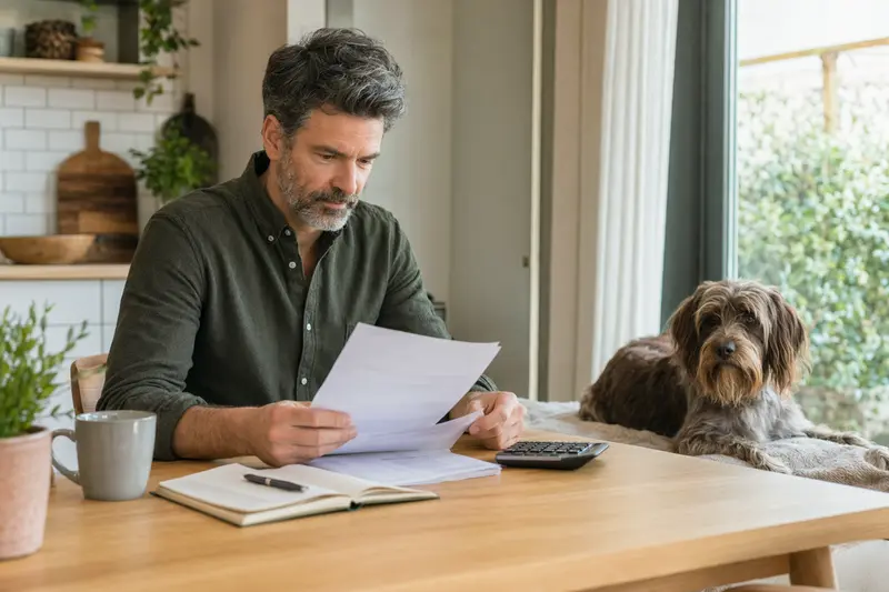 Ein Hundebesitzer sitzt mit einer Tierarztrechnung am Tisch, während sein entspannter Epagneul Picard auf einer Decke neben ihm liegt.