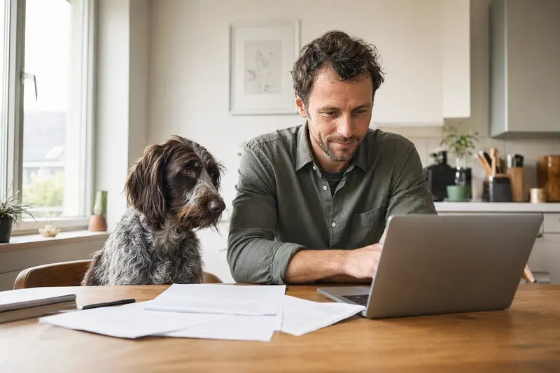 Ein Epagneul Picard Hund sitzt entspannt neben seinem Besitzer am Küchentisch, wo Versicherungsunterlagen und ein Vergleichslaptop liegen.