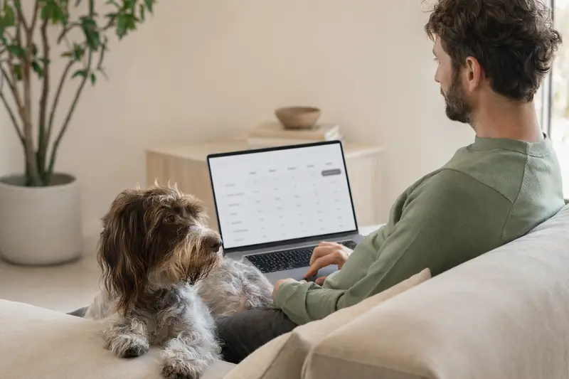 Ein Besitzer arbeitet am Laptop auf dem Sofa, während sein Epagneul Picard Hund neben ihm sitzt, symbolisierend für eine sichere Versicherungsentscheidung.