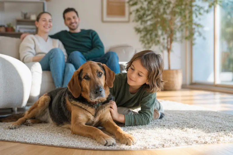 Ein fröhlicher Erdélyi kopó Hund лежит gemütlich neben einem Kind im Wohnzimmer, während die Eltern im Hintergrund ebenfalls entspannt sind.