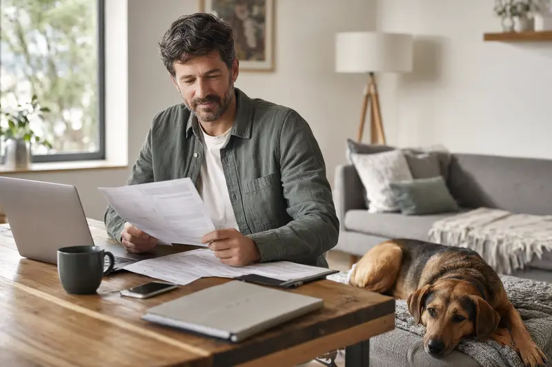 Ein Hundehalter sitzt mit einer Tierarztrechnung am Tisch, während sein Erdélyi kopó entspannt auf einer Decke liegt und das Thema Hundekosten und Versicherung ruhig veranschaulicht.