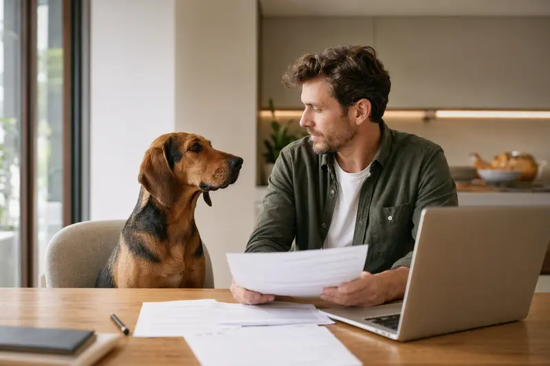 Ein Erdélyi kopó Hund sitzt ruhig neben seinem Besitzer am Küchentisch mit Versicherungsunterlagen und einem Laptop.