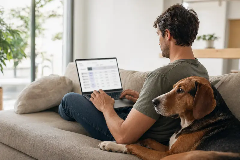 Ein Hundebesitzer sitzt mit einem Laptop auf dem Sofa, während ein Erdélyi kopó neben ihm liegt und eine Versicherungsvergleichsseite betrachtet wird.