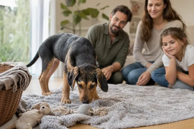 Ein junger Erdélyi kopó Welpe erkundet neugierig sein neues Zuhause mit einer lieben Familie im Hintergrund.