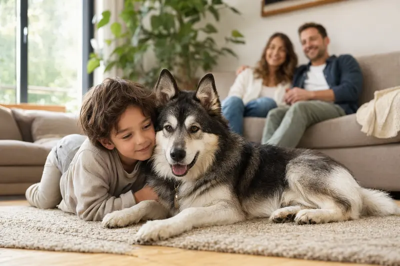 Ein entspannter Eskimohund liegt neben einem Kind in einem hellen Wohnzimmer, umgeben von einer warmen Familienatmosphäre.