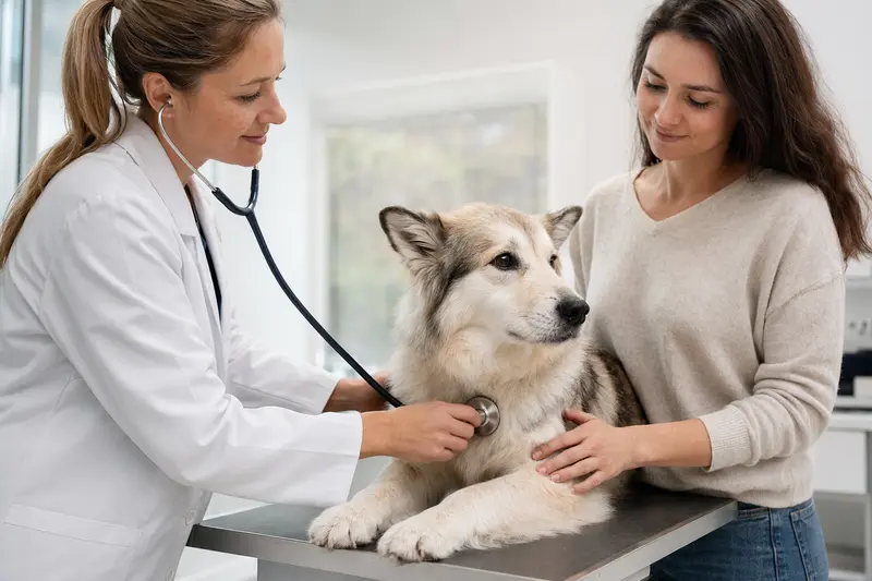 Ein ruhiger Eskimohund wird von einer freundlichen Tierärztin in einer modernen Tierarztpraxis mit einem Stethoskop untersucht.