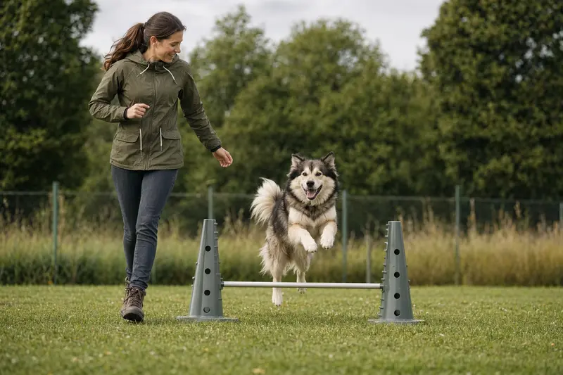 Eskimohund trainiert mit seinem Besitzer auf einem Hundeplatz über eine kleine Hürde.