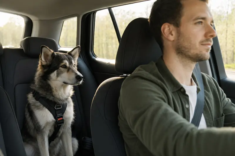Ein Eskimohund sitzt angeschnallt auf der Rückbank eines Autos, während der Besitzer entspannt fährt, ein Gefühl von Verantwortung ausstrahlend.