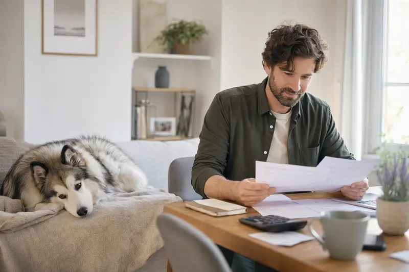 Ein Hundebesitzer sitzt ruhig am Tisch mit einer Tierarztrechnung, während ein entspannter Eskimohund auf einer Decke daneben liegt – ein realistisches Bild zum Thema Tierarztkosten und Absicherung.