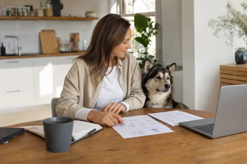 Ein Eskimohund sitzt neben seinem Besitzer am Küchentisch, während Versicherungsunterlagen und ein Laptop mit Vergleichsseite auf dem Tisch liegen.