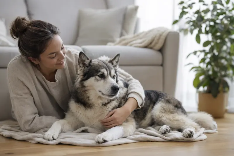 Ein Eskimohund mit Verband an der Pfote liegt entspannt auf einer Decke neben seinem erleichterten Besitzer in einer hellen Wohnung.