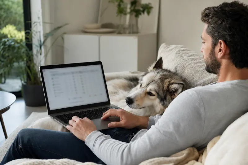Ein Hundebesitzer arbeitet mit Laptop auf dem Sofa, während ein Eskimohund daneben sitzt und die neutrale Versicherungsvergleichsseite im Hintergrund zeigt.