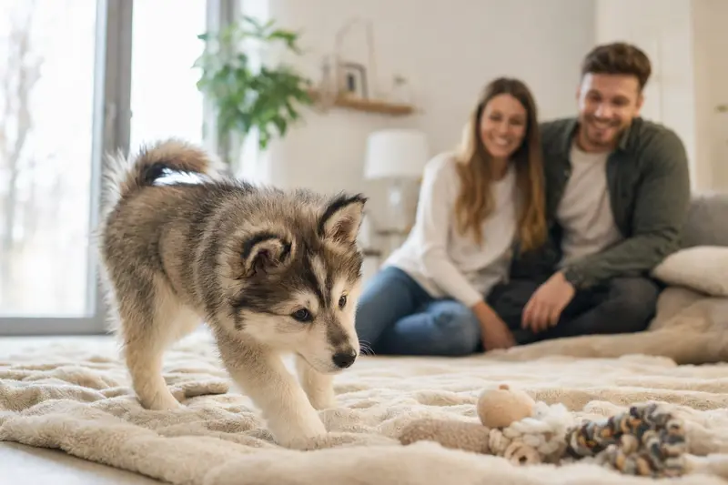Ein neugieriger Eskimohund Welpe erkundet sein neues Zuhause mit weicher Decke und Spielzeug.