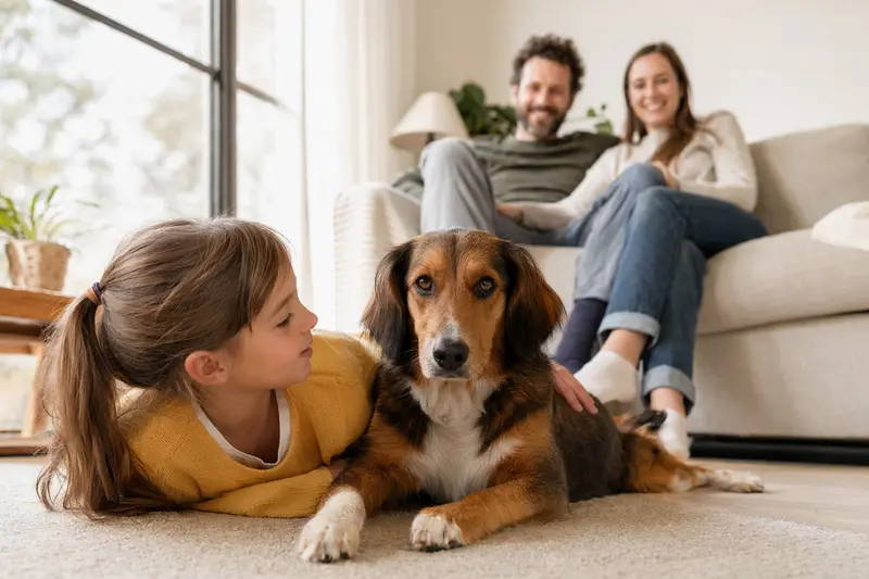 Ein entspannter Estnische Bracke Hund liegt neben einem Kind in einem hellen Wohnzimmer.