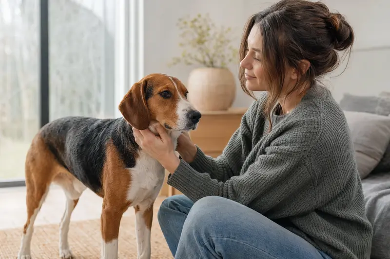 Ein aufmerksam stehender Estnische Bracke Hund vor hellem Hintergrund als hochwertiges Hundeportrait.