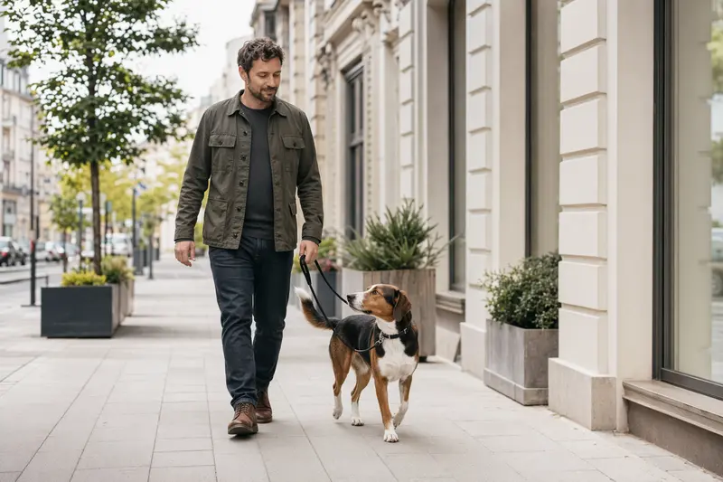 Ein Estnische Bracke Hund läuft an der Leine mit seinem Besitzer durch eine moderne Stadtstraße.