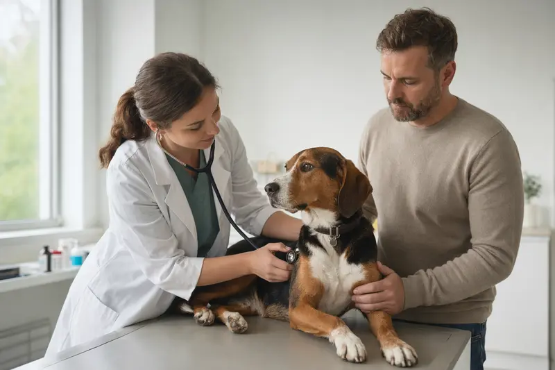 Ein Estnische Bracke Hund wird in einer lichtdurchfluteten Tierarztpraxis von einer freundlichen Tierärztin mit einem Stethoskop untersucht, während der Besitzer beruhigend daneben steht.
