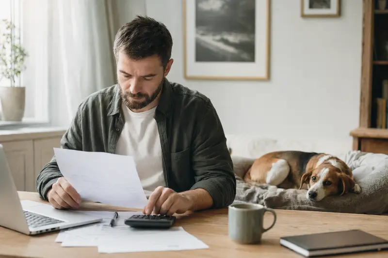 Ein Besitzer sitzt mit einer Tierarztrechnung am Tisch, während eine entspannte Estnische Bracke auf einer Decke liegt und Hundekosten im Wohnbereich ruhig eingeordnet werden.