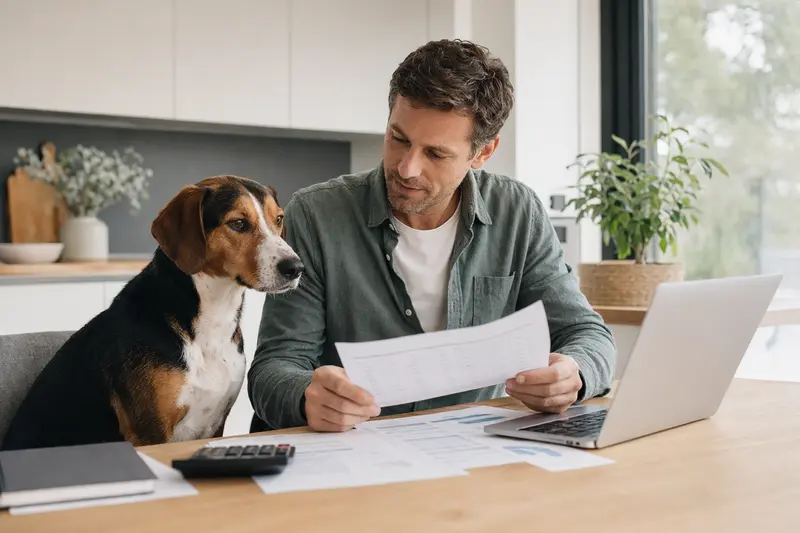 Ein Estnische Bracke Hund sitzt entspannt am Küchentisch neben seinem Besitzer, während Versicherungsunterlagen und ein Laptop auf dem Tisch liegen.