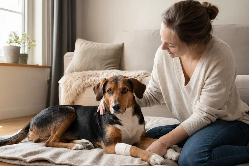 Ein estnischer Bracke Hund mit einem leichten Verband an der Pfote liegt entspannt auf einer Decke, während sein Besitzer ihn beruhigend ansieht.