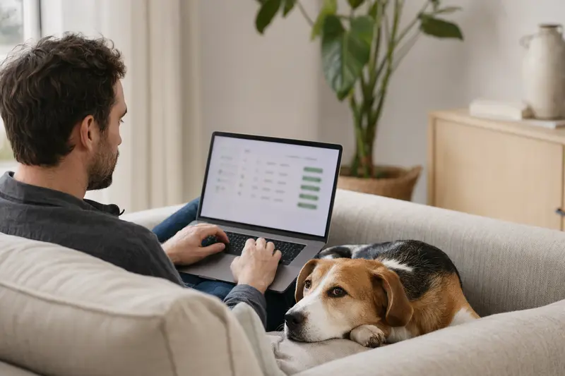 Ein Hundebesitzer sitzt mit einem Estnischen Bracke auf dem Sofa und vergleicht Versicherungen am Laptop.