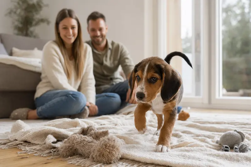 Ein neugieriger estnischer Bracke Welpe erkundet sein neues Zuhause mit Liebe und Wärme.