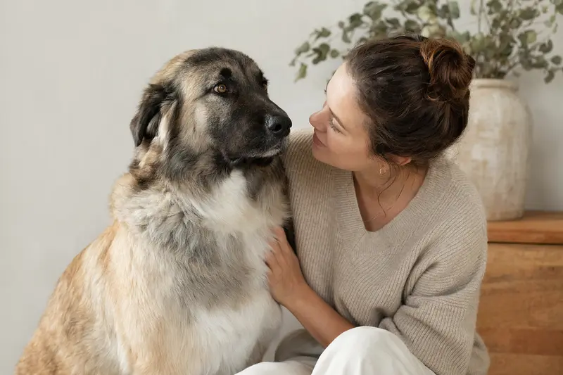 Ein aufmerksam stehender Estrela Berghund im professionellen Tierportrait vor hellem Hintergrund.