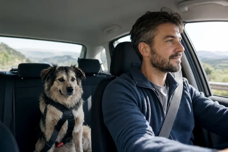 Ein Estrela Berghund Hund sicher angeschnallt auf der Rückbank eines Autos, während der Besitzer fährt.