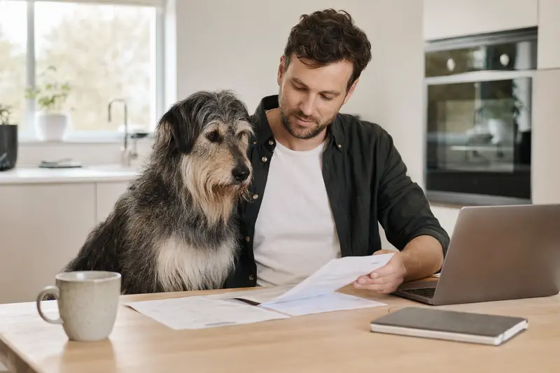 Ein Estrela Berghund sitzt entspannt neben seinem Besitzer am Küchentisch, der mit Versicherungsunterlagen und einem Laptop gedeckt ist.